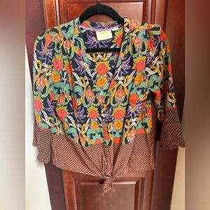 Maeve by Anthropologie Carter Floral Paisley Geometric Tie Waist Boho Blouse